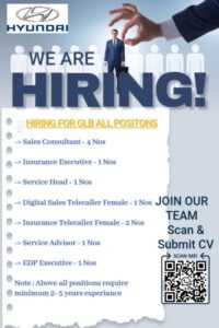 Sales Consultant-3 Nos Insurance Executive-1Nos Service Head -1 Insurance Telecaller Female-2 Service Advisor-1Nos EDP-IT Computer Hardware Executive-1